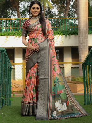Peach Dola Silk Saree With Blouse Piece