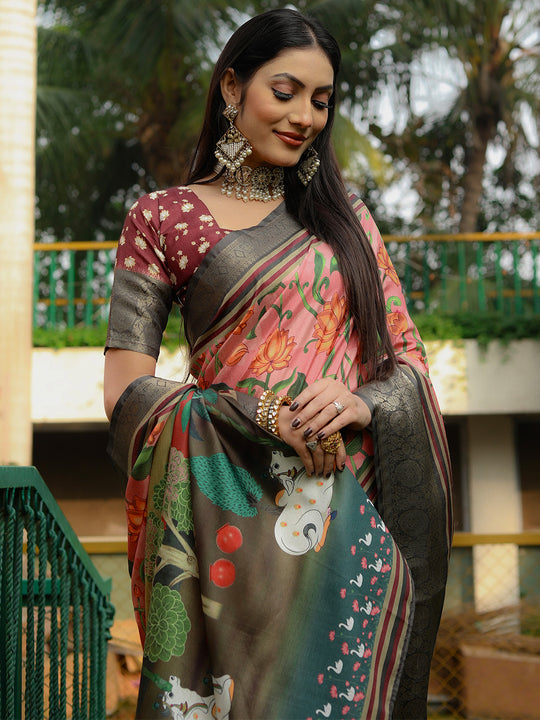 Peach Dola Silk Saree With Blouse Piece