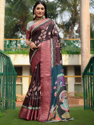 Coffee Brown Dola Silk Saree With Blouse Piece
