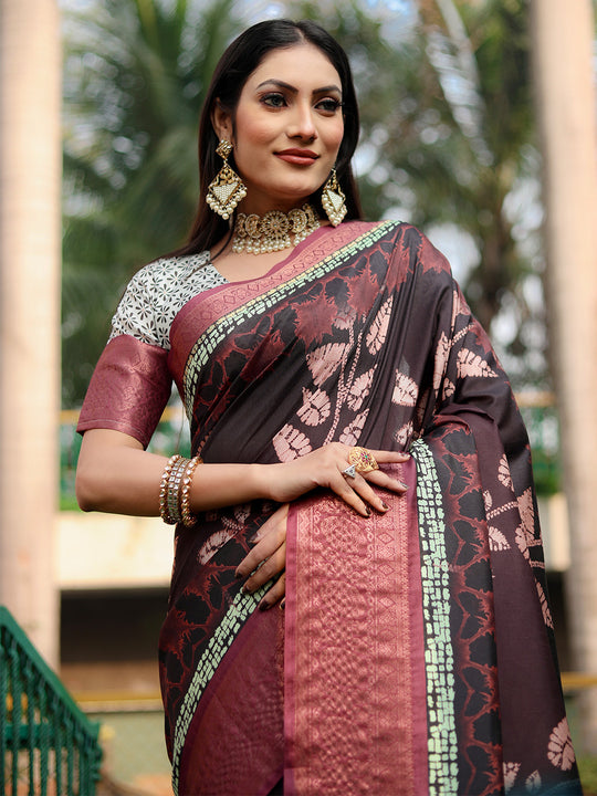 Coffee Brown Dola Silk Saree With Blouse Piece