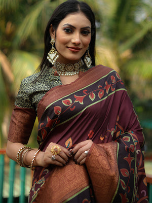 Burgundy Dola Silk Saree With Blouse Piece