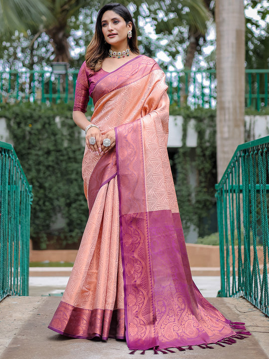 Peach Kanjivaram Silk Saree With Blouse Piece