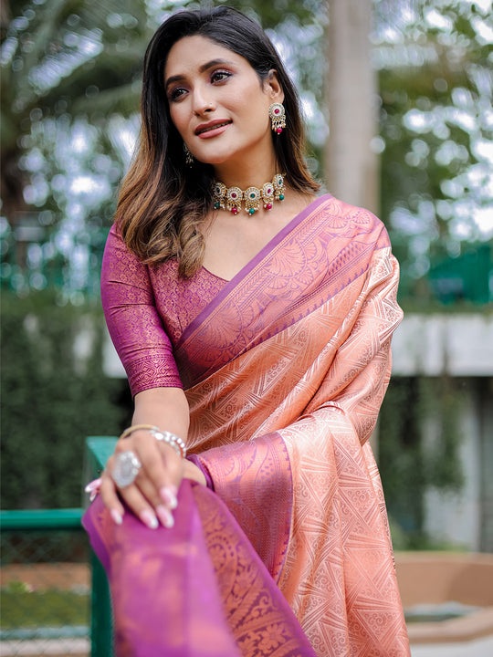 Peach Kanjivaram Silk Saree With Blouse Piece