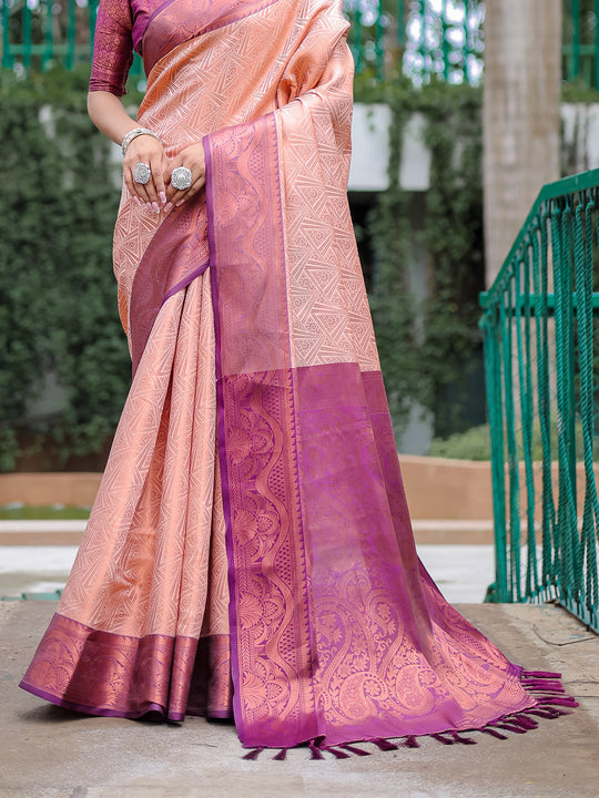 Peach Kanjivaram Silk Saree With Blouse Piece