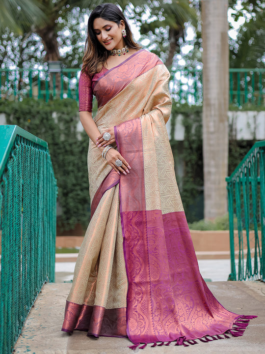 Cream Kanjivaram Silk Saree With Blouse Piece