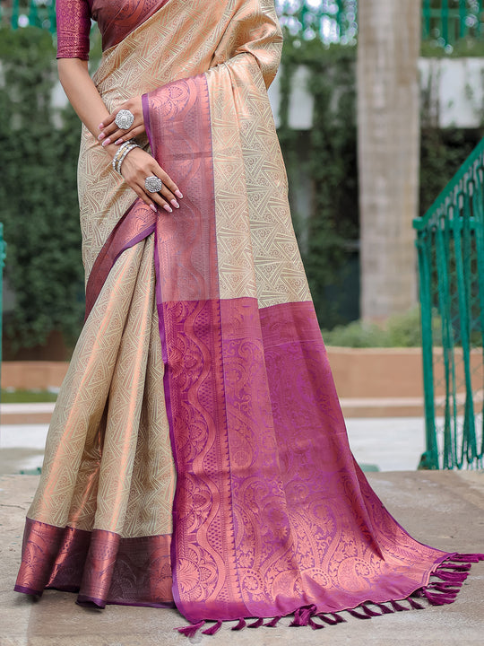 Cream Kanjivaram Silk Saree With Blouse Piece