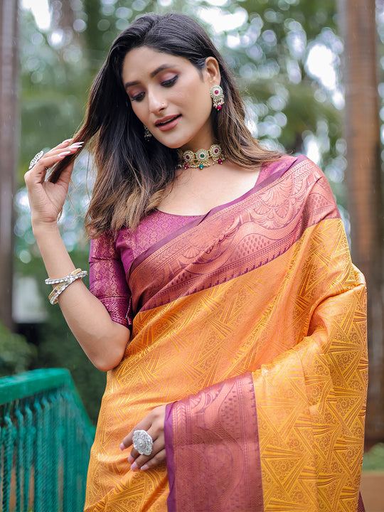 Mustard Kanjivaram Silk Saree With Blouse Piece