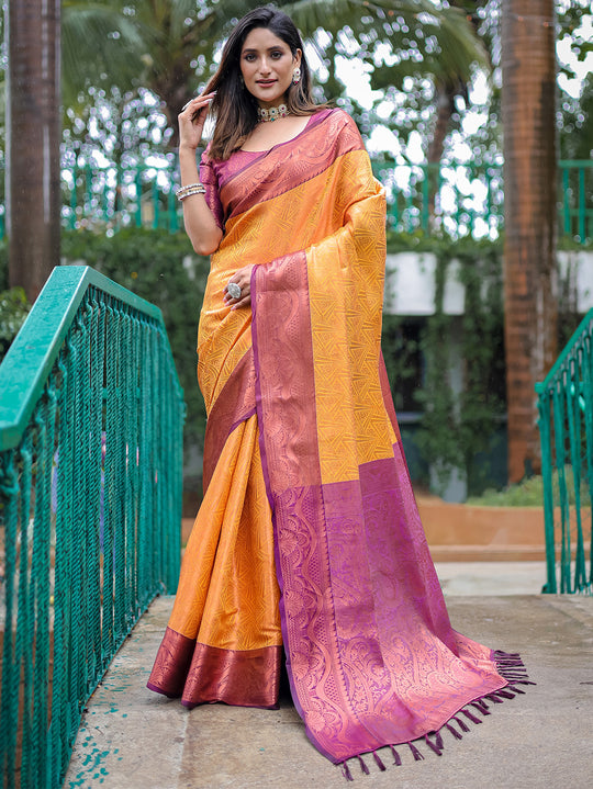 Mustard Kanjivaram Silk Saree With Blouse Piece