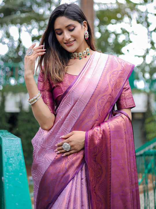 Lavender Kanjivaram Silk Saree With Blouse Piece