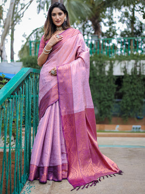 Lavender Kanjivaram Silk Saree With Blouse Piece