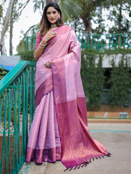 Lavender Kanjivaram Silk Saree With Blouse Piece