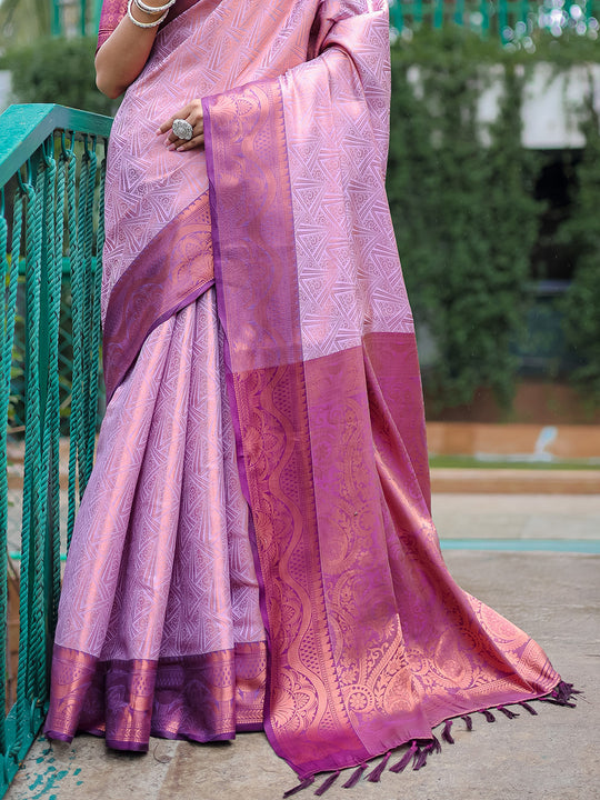 Lavender Kanjivaram Silk Saree With Blouse Piece
