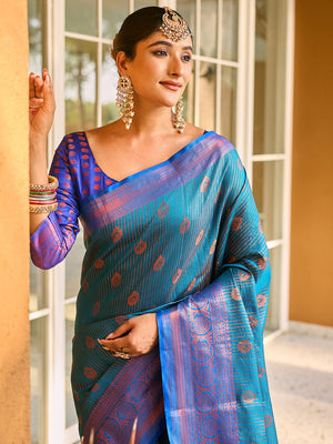 Blue Kanjivaram Silk Saree With Blouse Piece