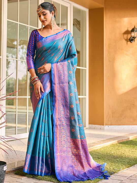 Blue Kanjivaram Silk Saree With Blouse Piece