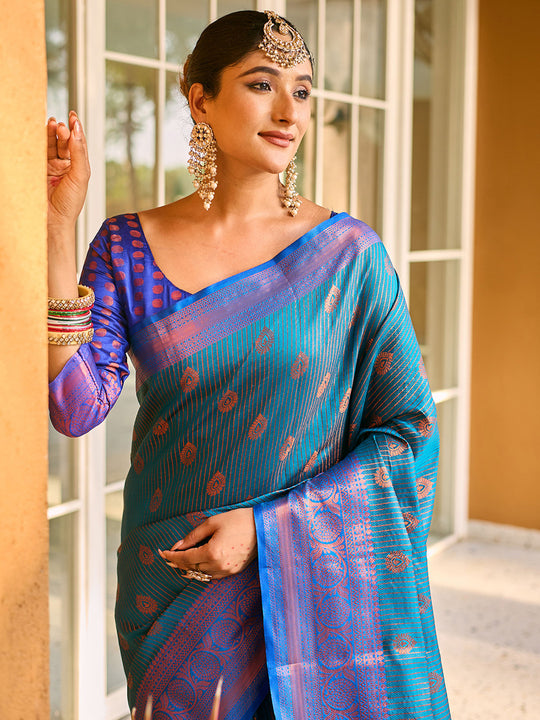 Blue Kanjivaram Silk Saree With Blouse Piece