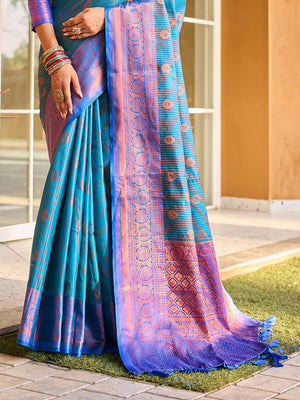 Blue Kanjivaram Silk Saree With Blouse Piece