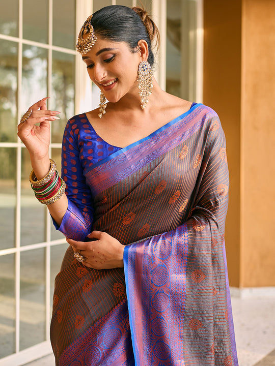 Grey Kanjivaram Silk Saree With Blouse Piece