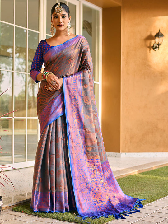 Grey Kanjivaram Silk Saree With Blouse Piece