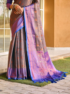 Grey Kanjivaram Silk Saree With Blouse Piece