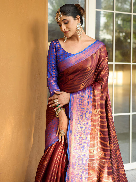 Brown Kanjivaram Silk Saree With Blouse Piece
