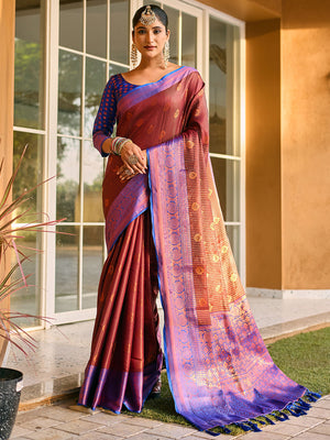 Brown Kanjivaram Silk Saree With Blouse Piece