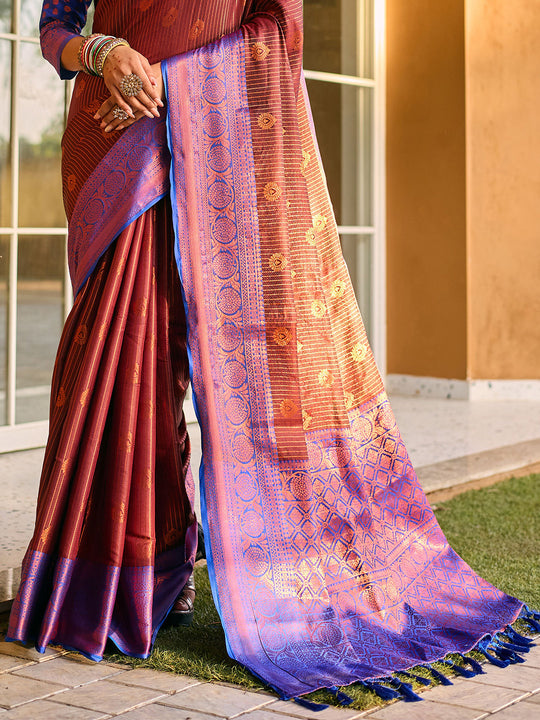 Brown Kanjivaram Silk Saree With Blouse Piece