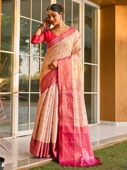 Cream Kanjivaram Silk Saree With Blouse Piece