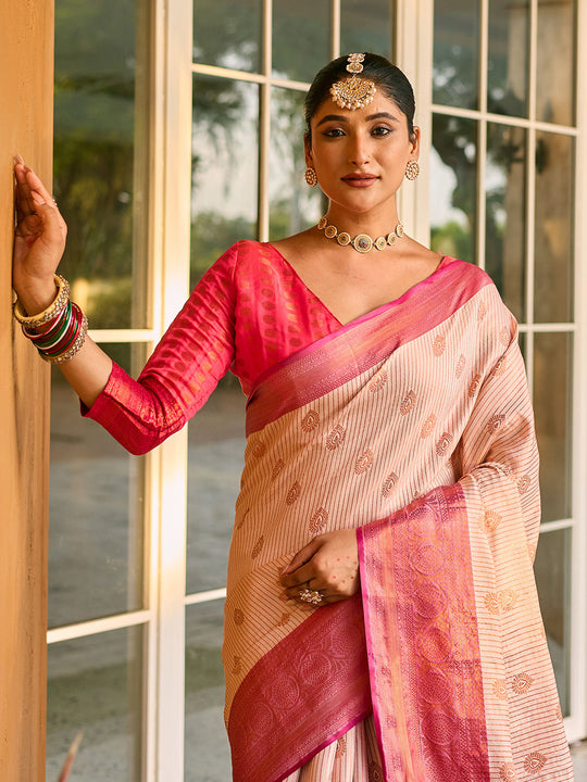 Cream Kanjivaram Silk Saree With Blouse Piece