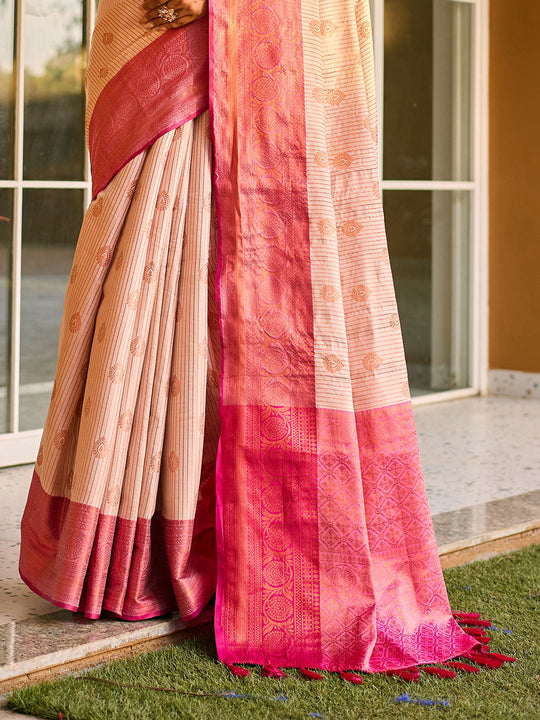 Cream Kanjivaram Silk Saree With Blouse Piece
