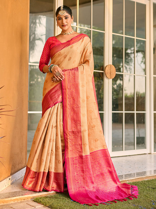 Beige Kanjivaram Silk Saree With Blouse Piece