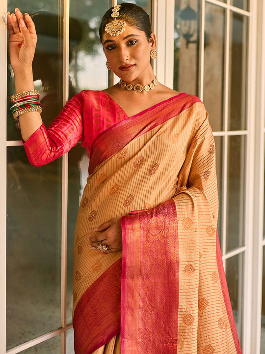 Beige Kanjivaram Silk Saree With Blouse Piece