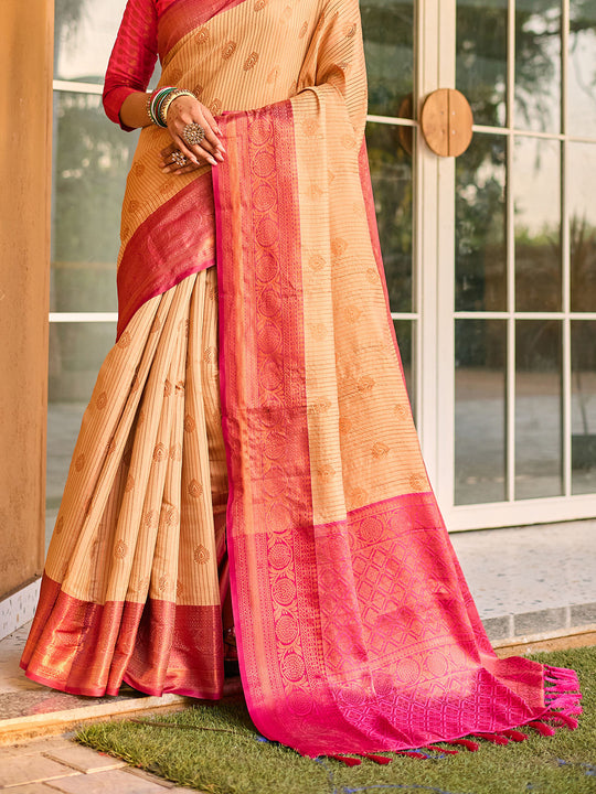 Beige Kanjivaram Silk Saree With Blouse Piece