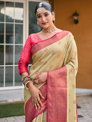Cream Kanjivaram Silk Saree With Blouse Piece