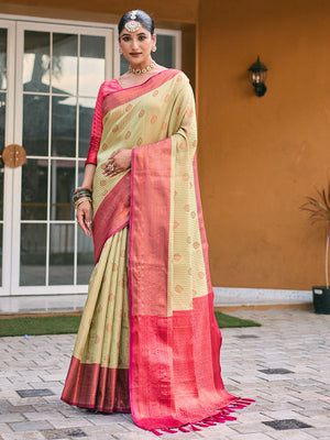Cream Kanjivaram Silk Saree With Blouse Piece