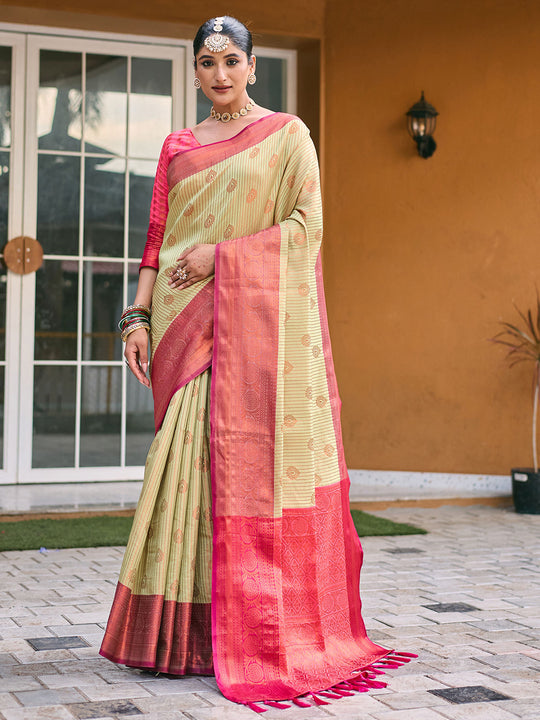 Cream Kanjivaram Silk Saree With Blouse Piece