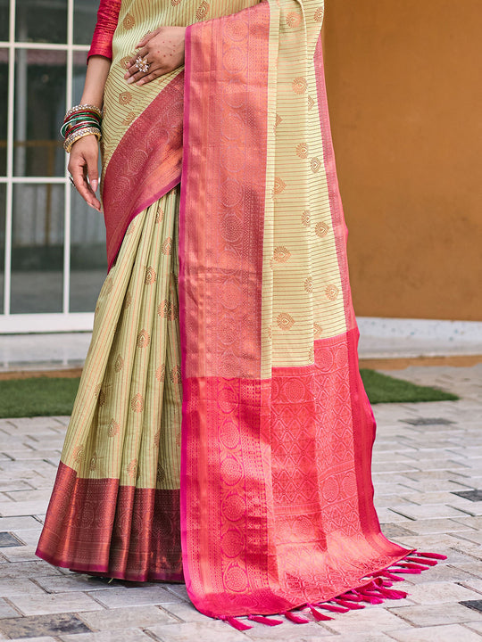 Cream Kanjivaram Silk Saree With Blouse Piece