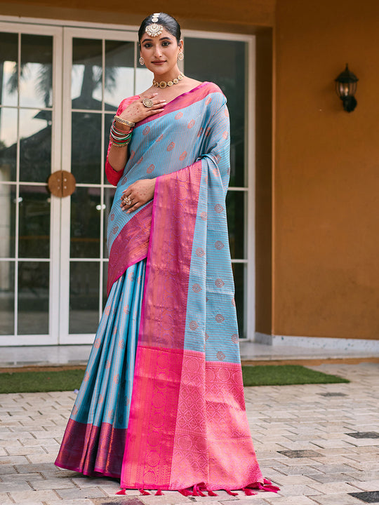 Turquoise Blue Kanjivaram Silk Saree With Blouse Piece
