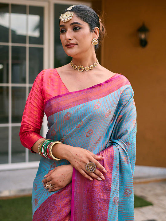 Turquoise Blue Kanjivaram Silk Saree With Blouse Piece