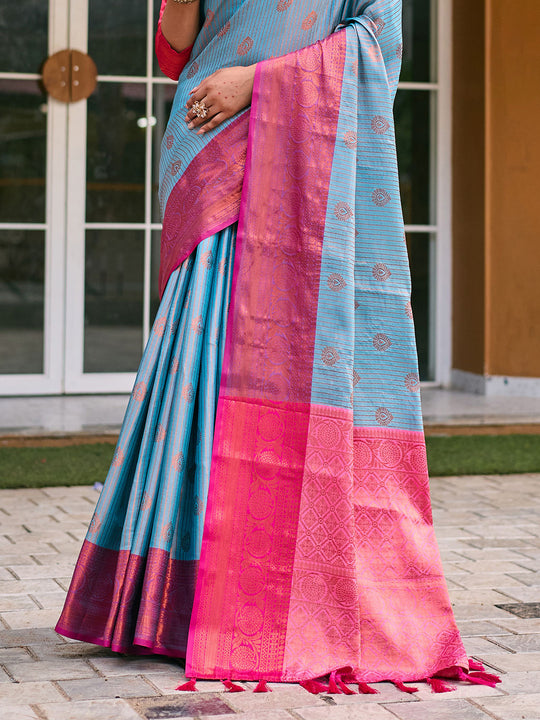 Turquoise Blue Kanjivaram Silk Saree With Blouse Piece