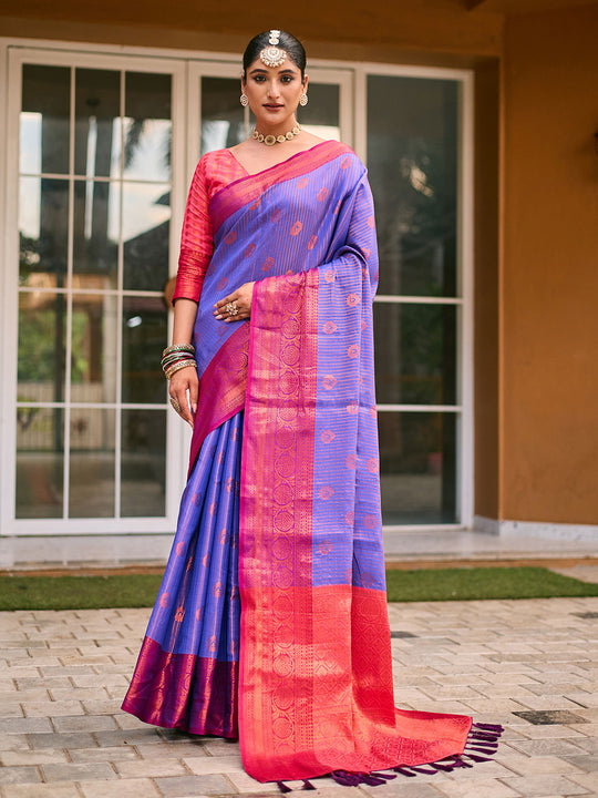 Blue Kanjivaram Silk Saree With Blouse Piece