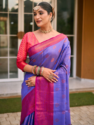 Blue Kanjivaram Silk Saree With Blouse Piece