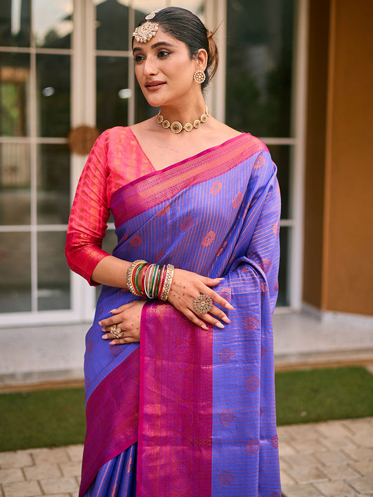 Blue Kanjivaram Silk Saree With Blouse Piece