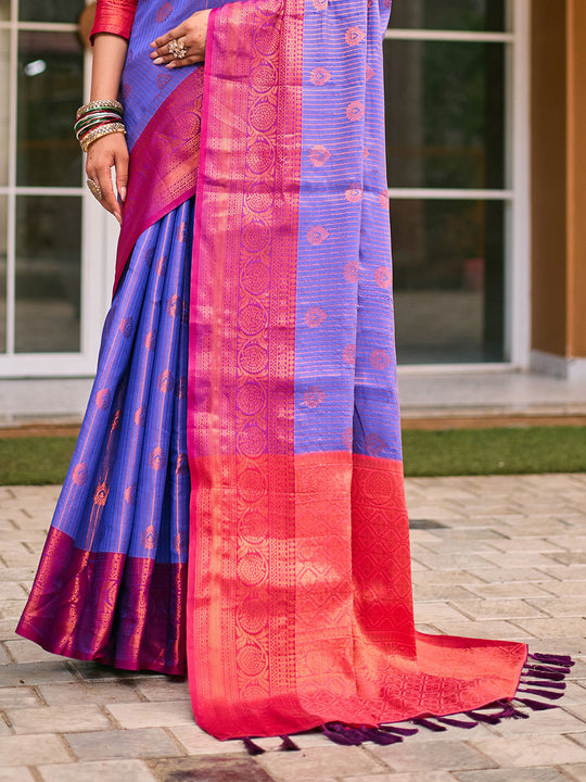 Blue Kanjivaram Silk Saree With Blouse Piece