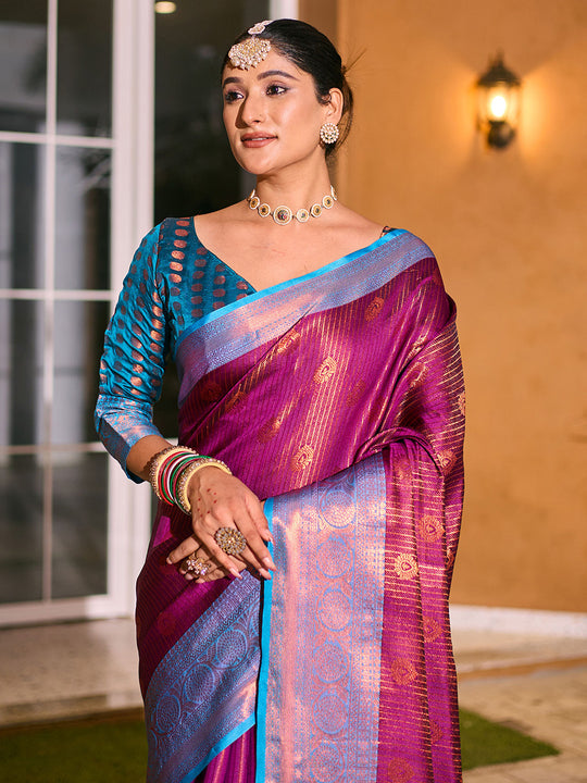 Burgundy Kanjivaram Silk Saree With Blouse Piece