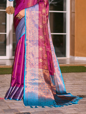 Burgundy Kanjivaram Silk Saree With Blouse Piece