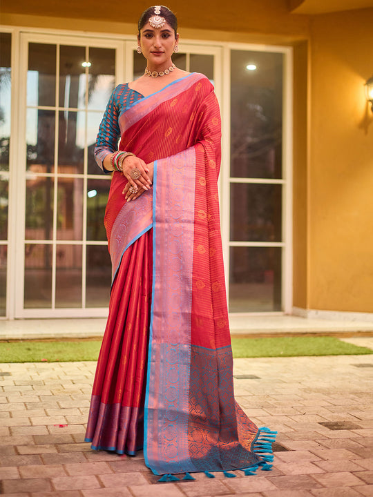 Pink Kanjivaram Silk Saree With Blouse Piece