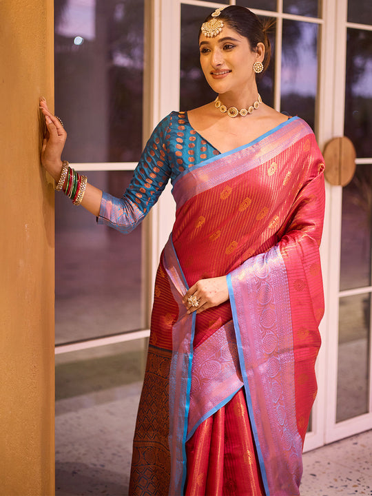 Pink Kanjivaram Silk Saree With Blouse Piece