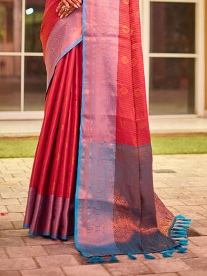 Pink Kanjivaram Silk Saree With Blouse Piece