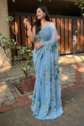 Blue Georgette Saree with Black Blouse Piece