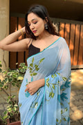 Blue Georgette Saree with Black Blouse Piece